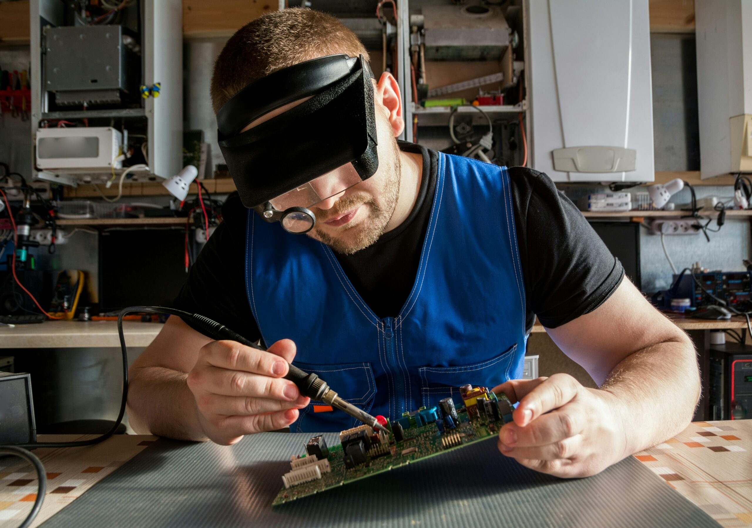 Electrical engineer using a soldering iron on a PCB.